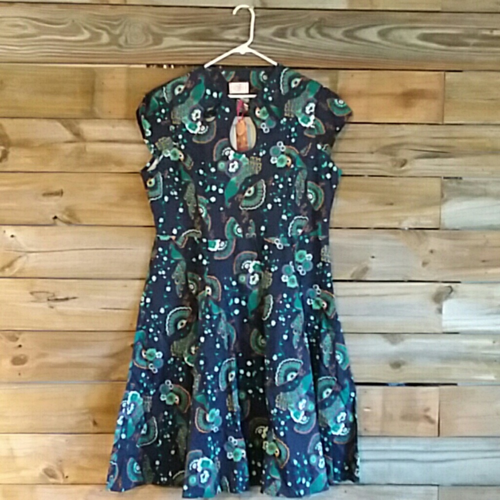 Dancing Days blue dress with peacock print